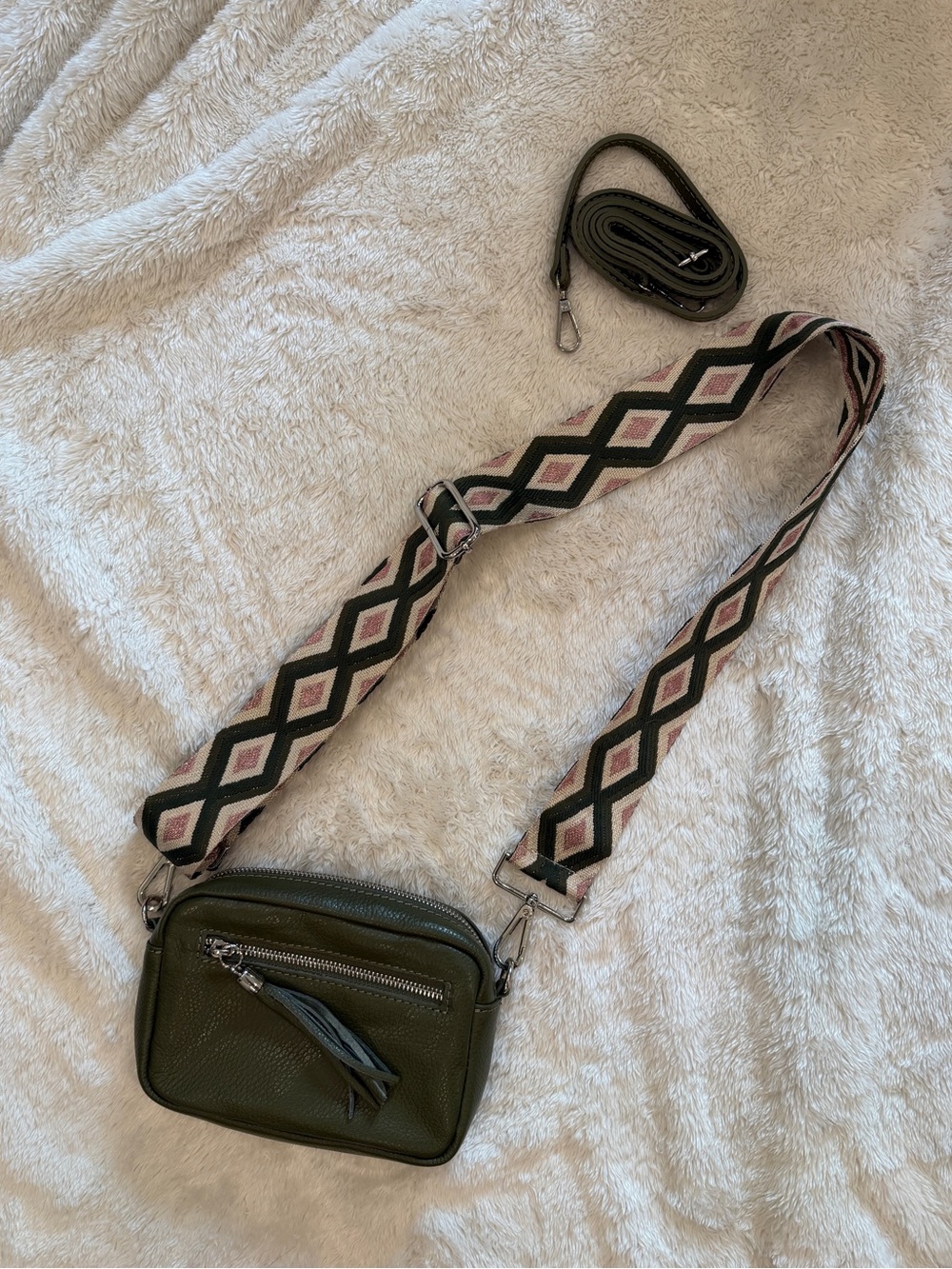 Genuine Leather Italian Olive Green Crossbody Bag with Patterned Strap
